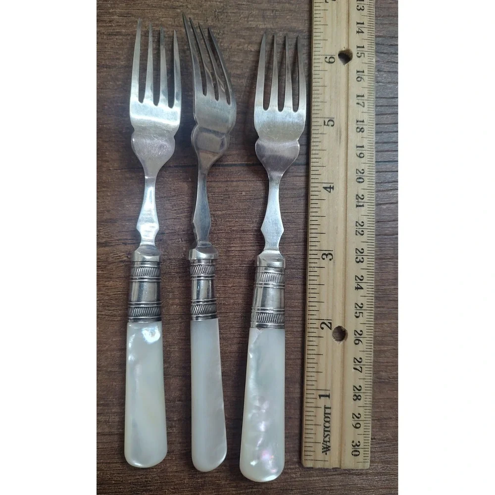 Antique Mother of Pearl Serving Forks Set of 3 Sterling Ferrules EPNS Victorian